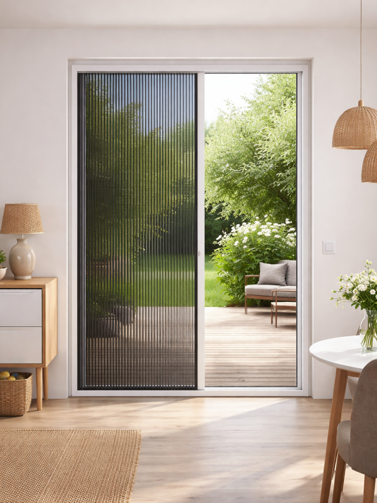 Fliegengitter Plissee Tür platzsparend & leichtgängig.