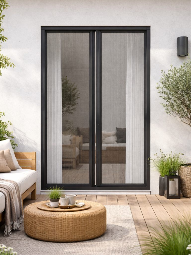 Fliegengitter Plissee doppelflügelig ideal für breite Durchgänge.